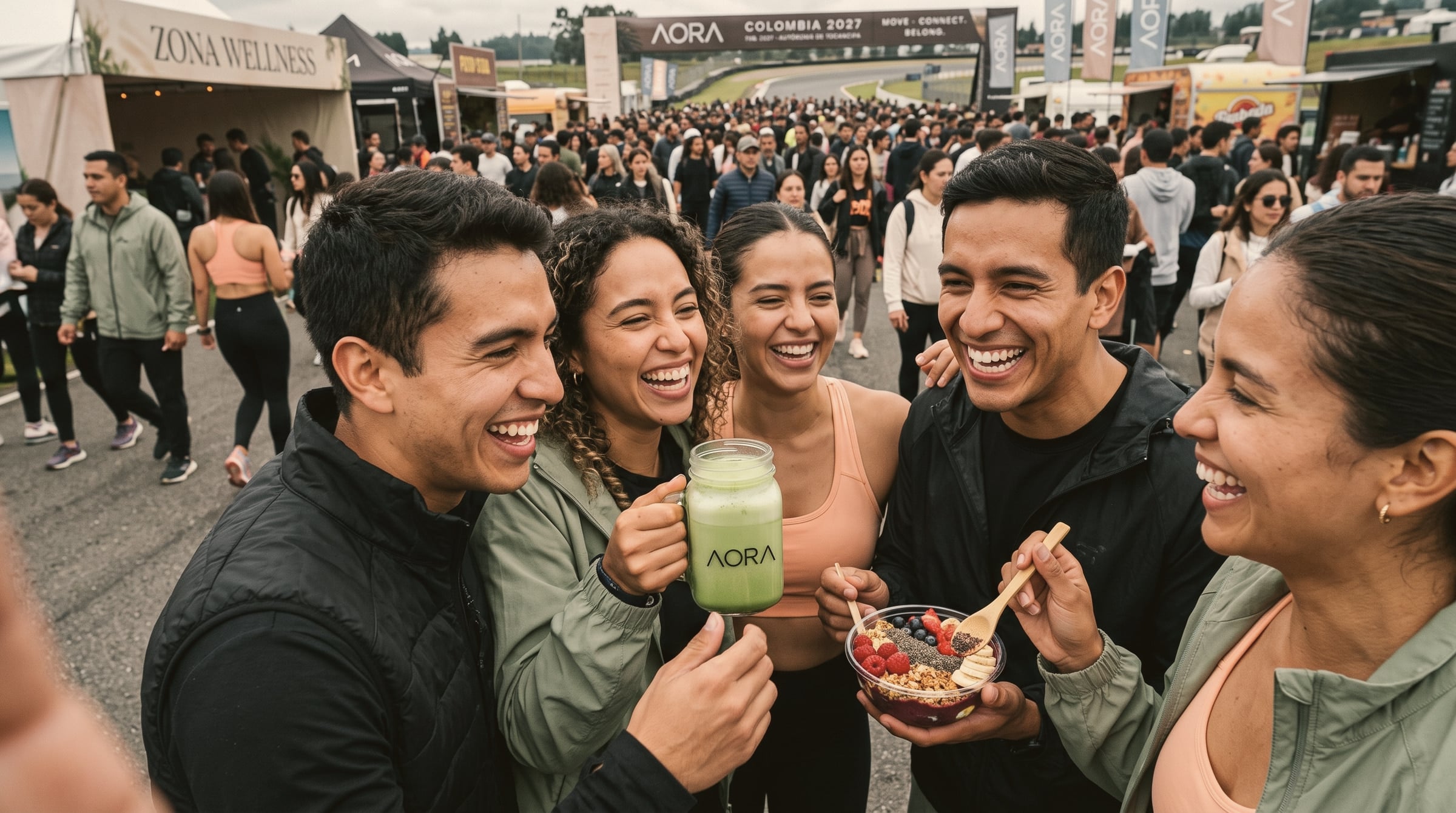 Amigos riendo con un matcha y un bowl en el festival