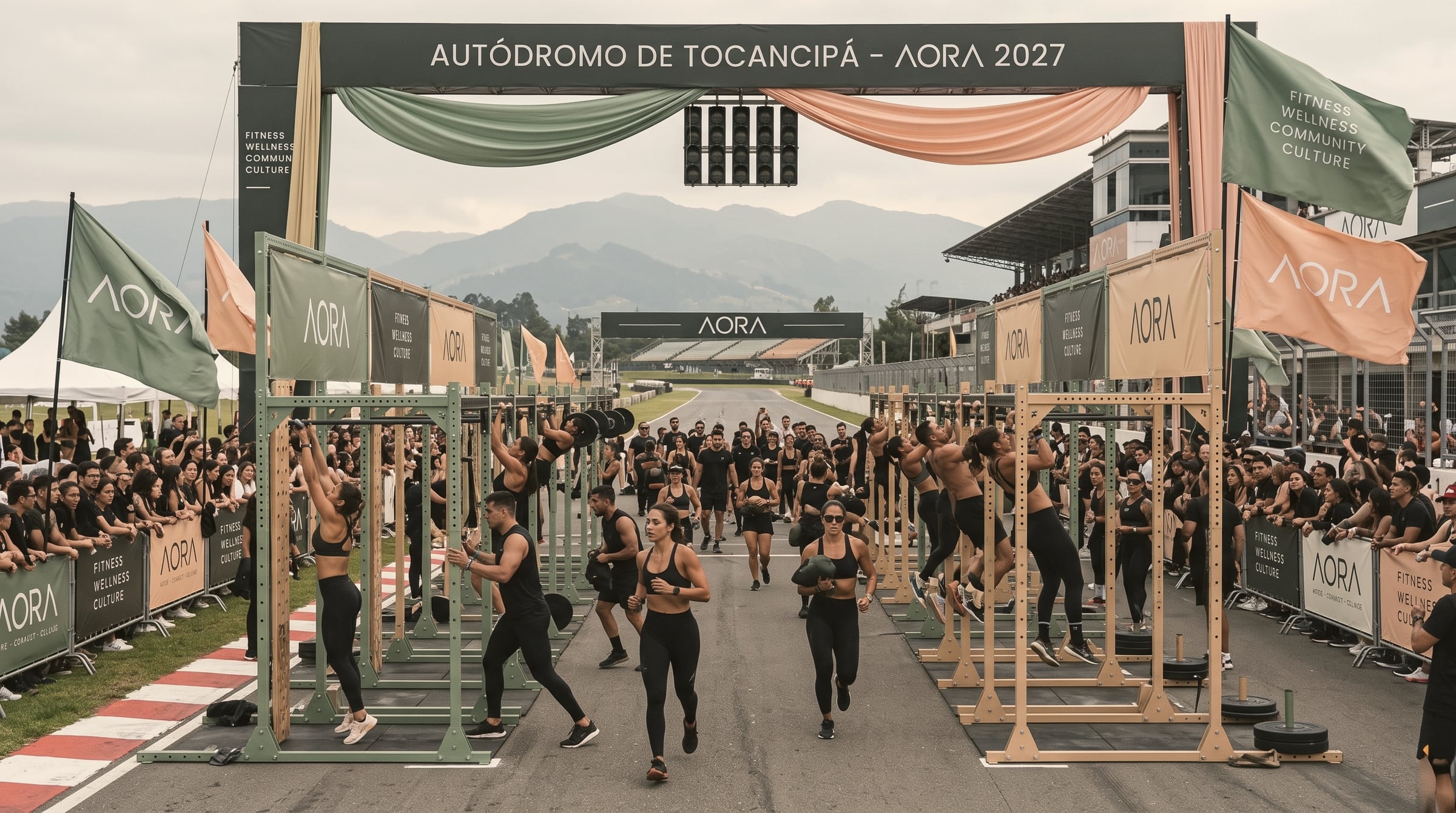 Arco de entrada de AORA en la recta del Autódromo de Tocancipá, con atletas compitiendo y público en las barandas