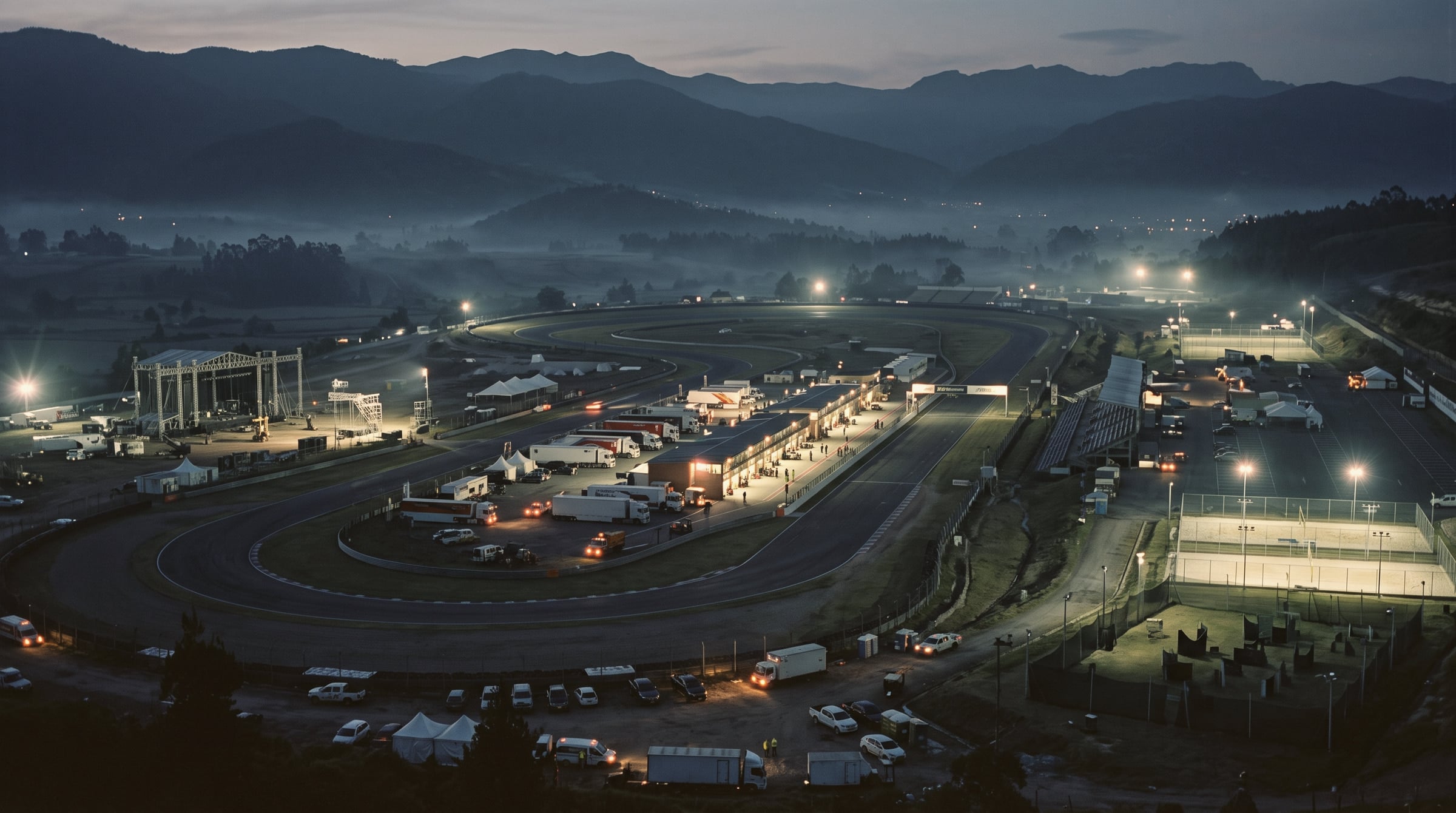 El Autódromo de Tocancipá al amanecer entre montañas