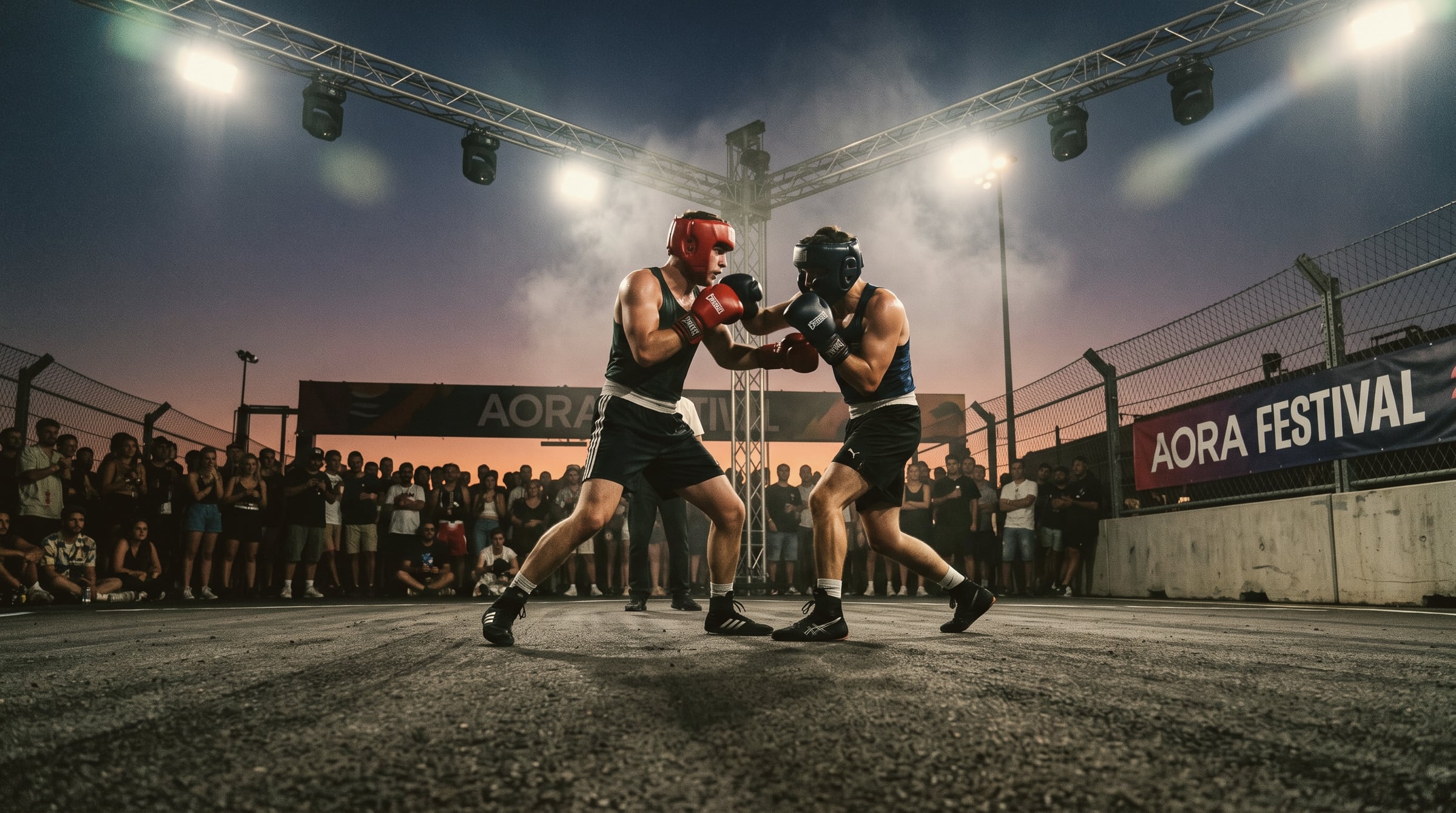 Dos boxeadores en sparring bajo reflectores