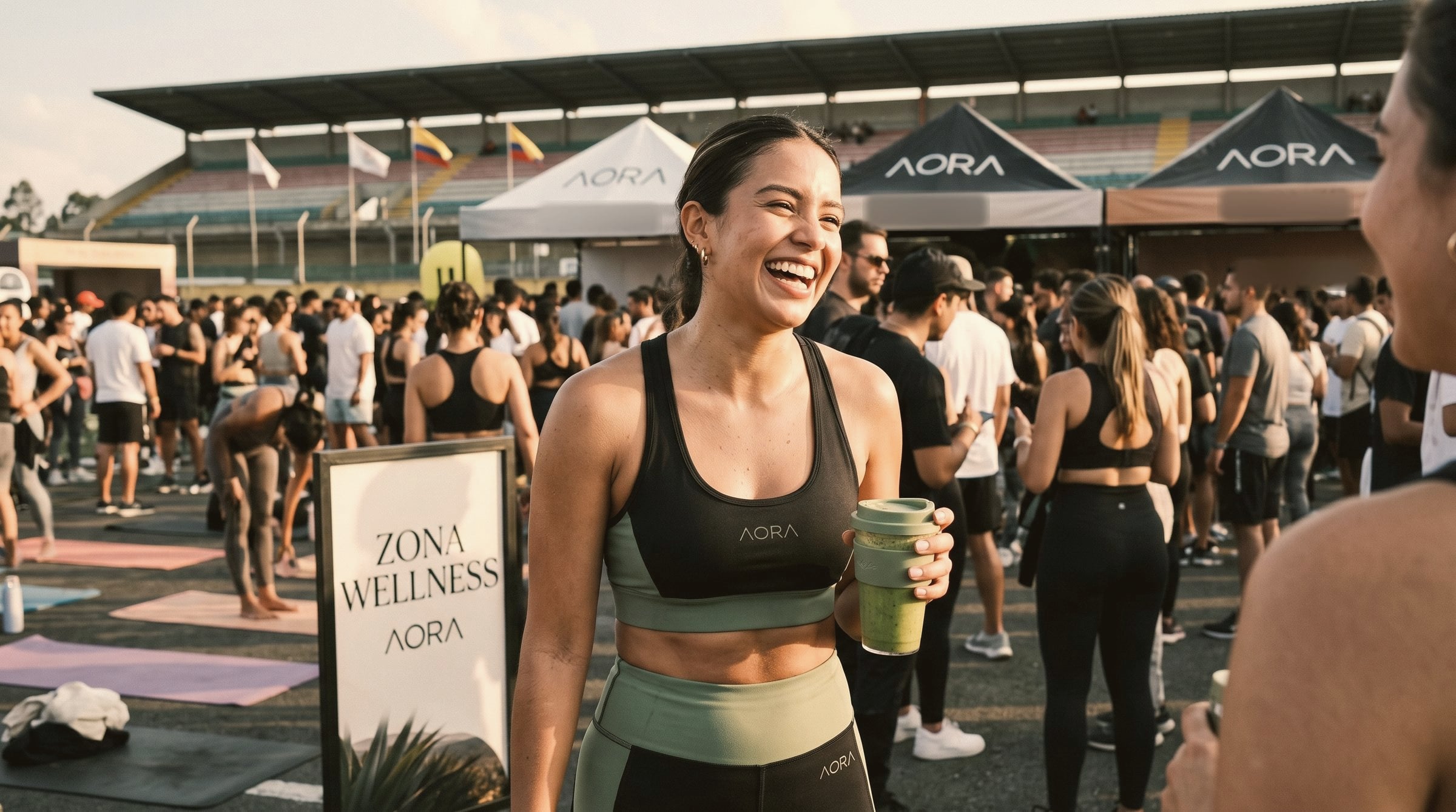 Asistente riendo con un smoothie verde en la Zona Wellness