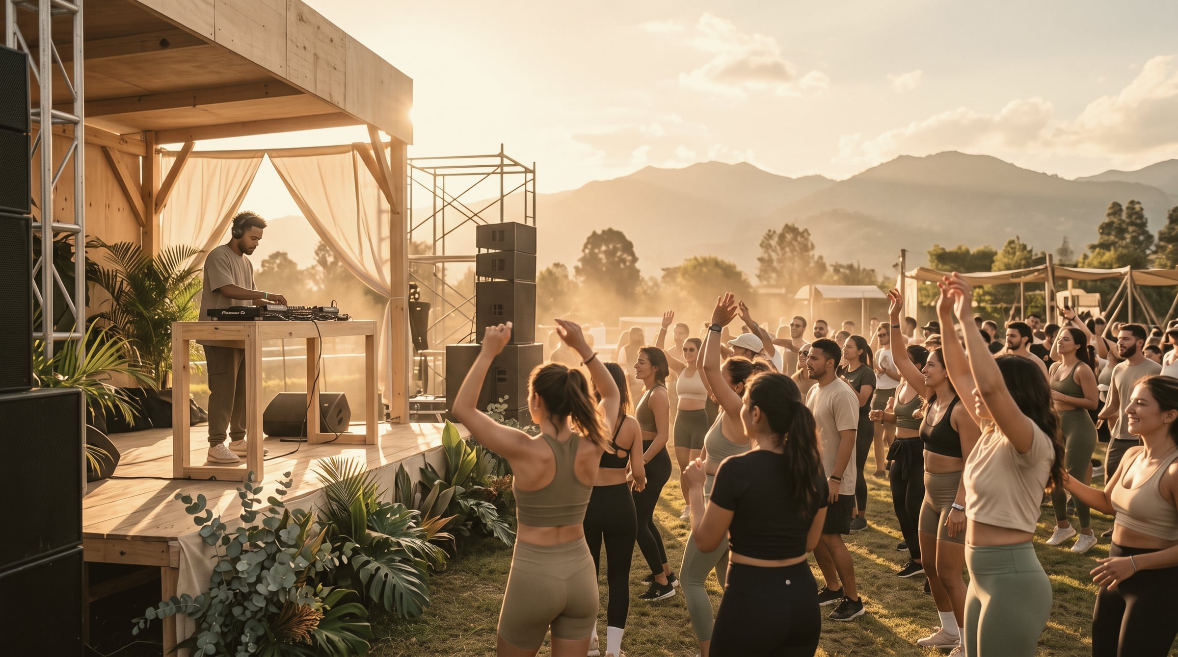 DJ en tarima de madera al atardecer