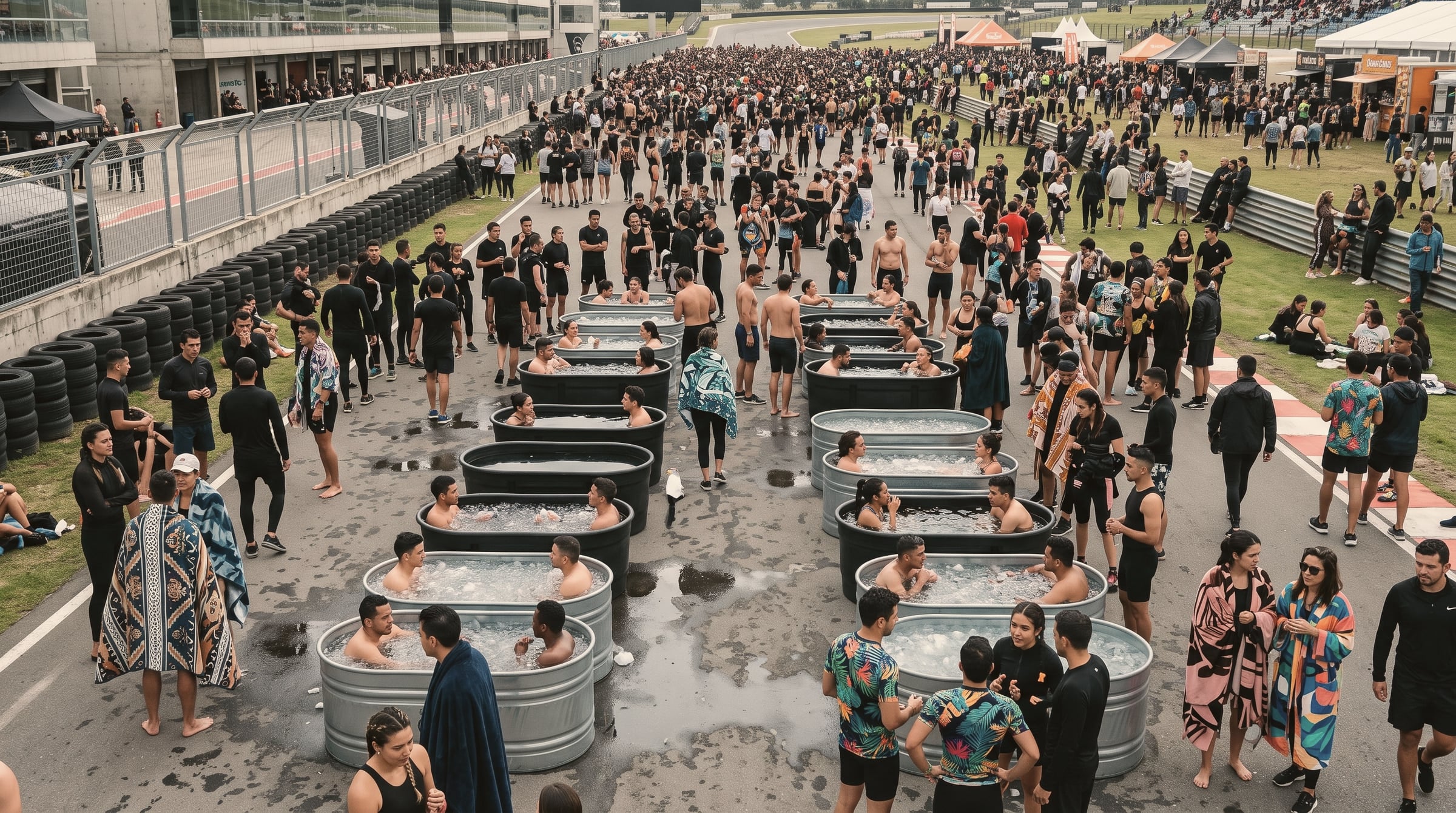 Filas de tinas de hielo sobre la recta del autódromo