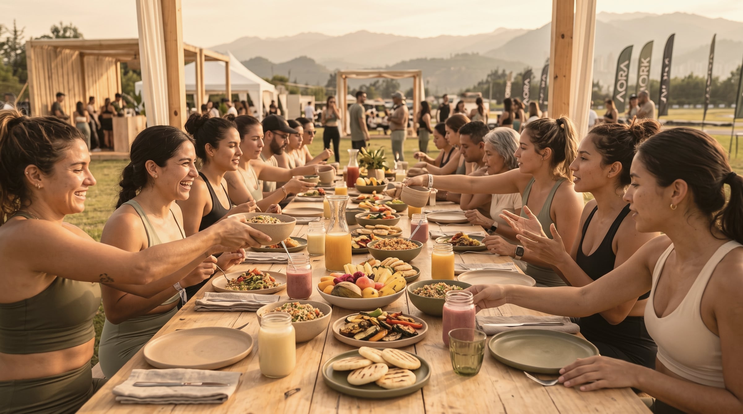 Mesa larga de amigos compartiendo comida al atardecer
