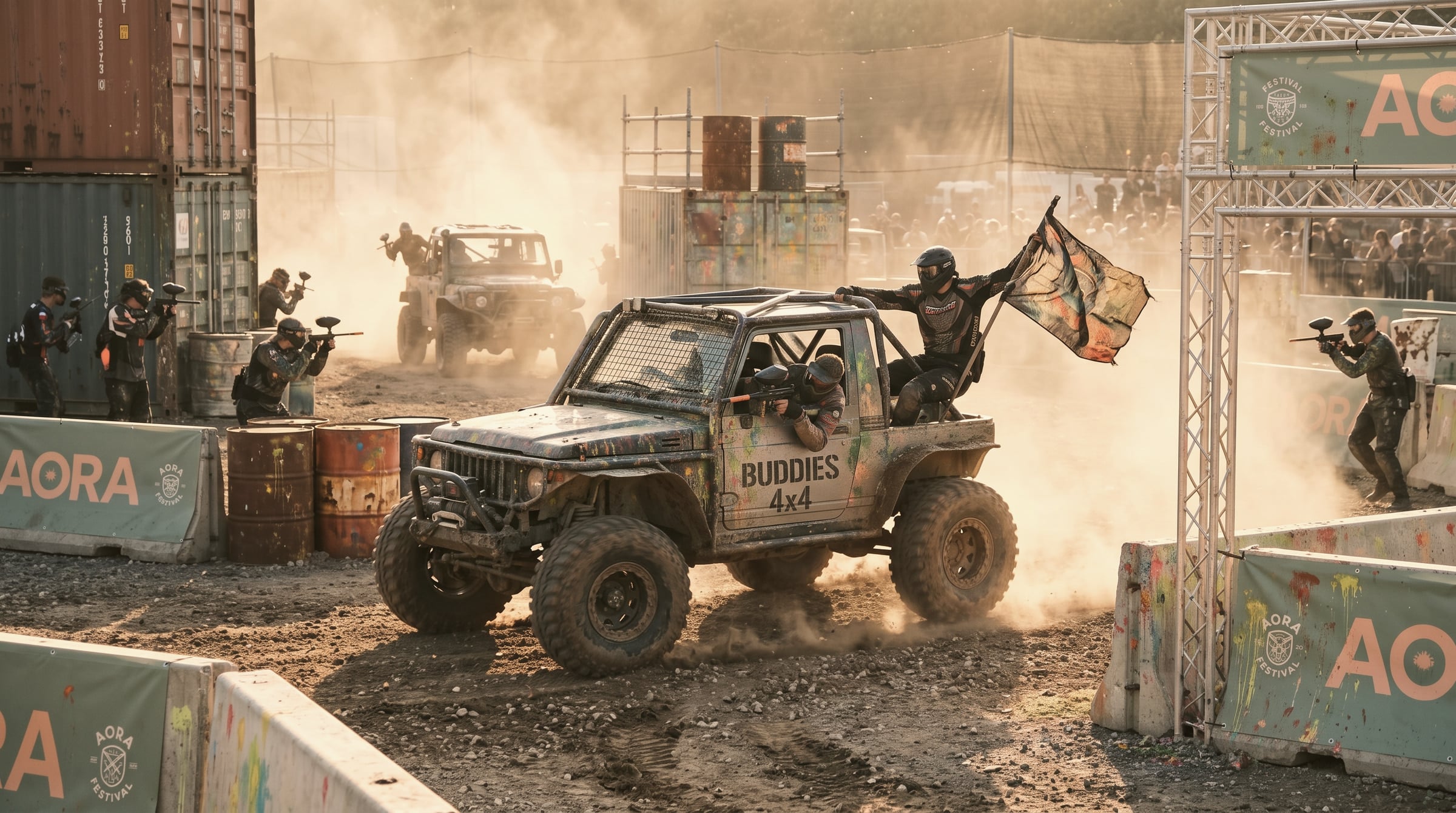 Equipo de paintball sobre un vehículo 4x4 levantando polvo