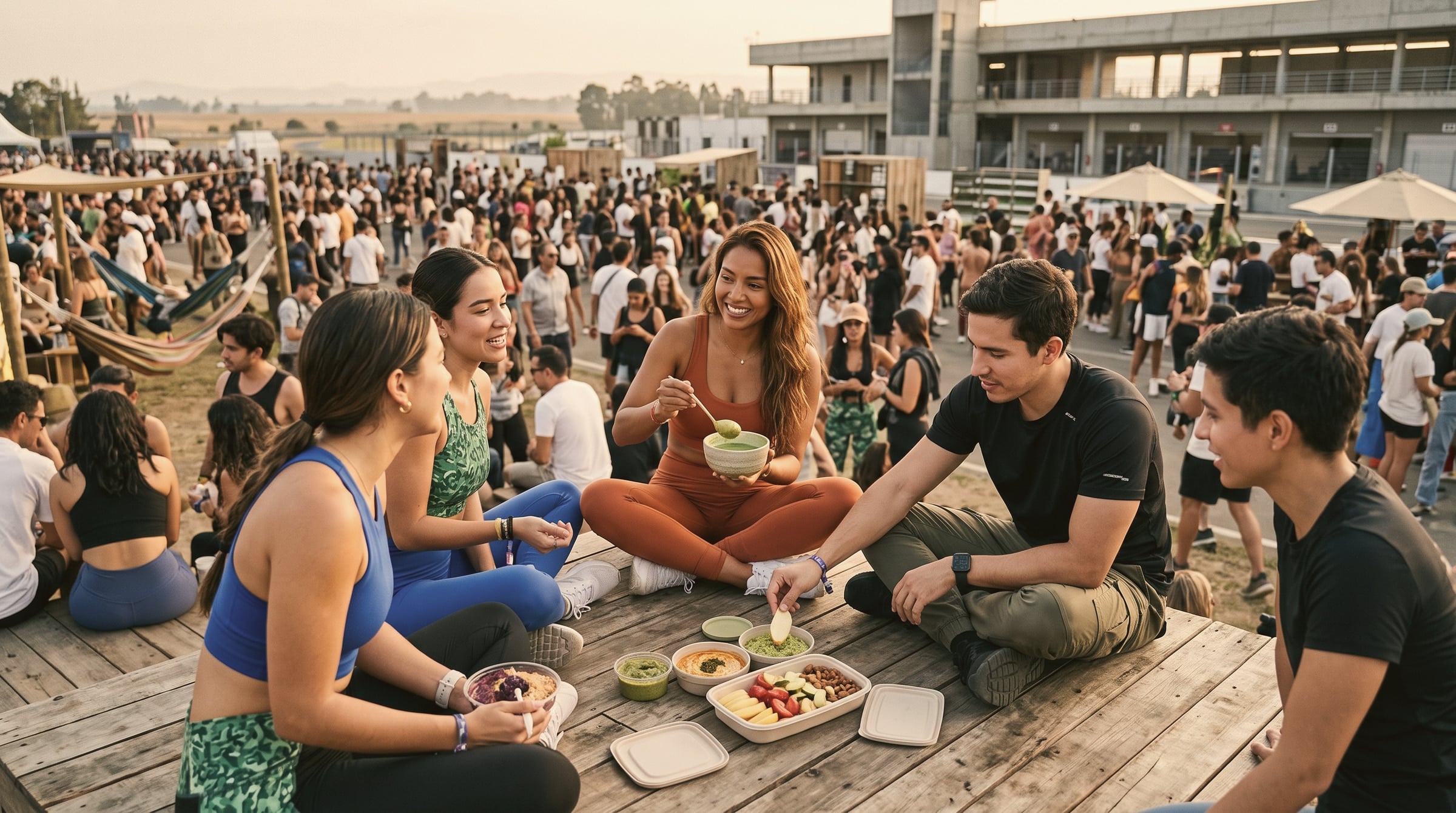 Amigos compartiendo bowls y snacks saludables sobre una tarima