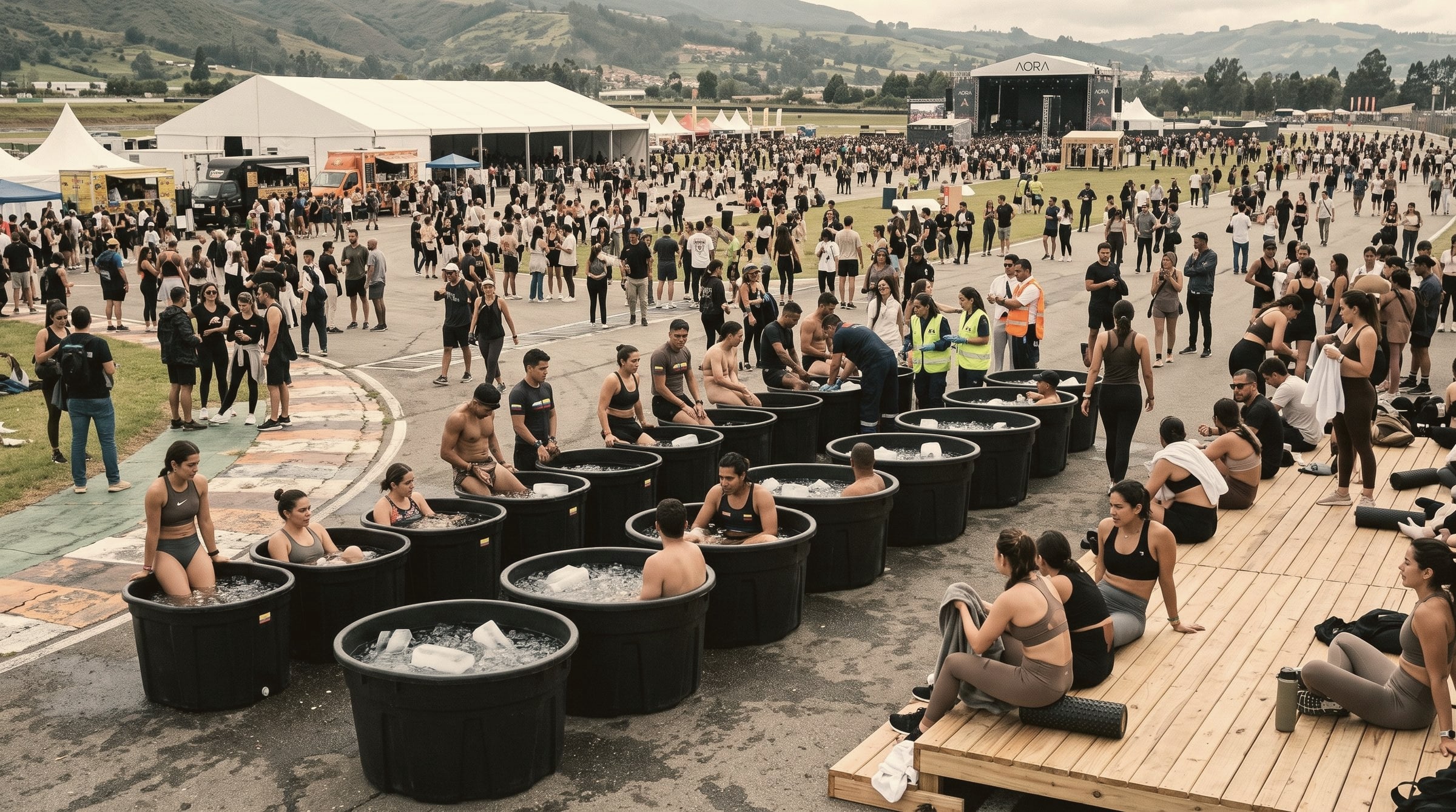 Asistentes en ice baths con el escenario de AORA al fondo