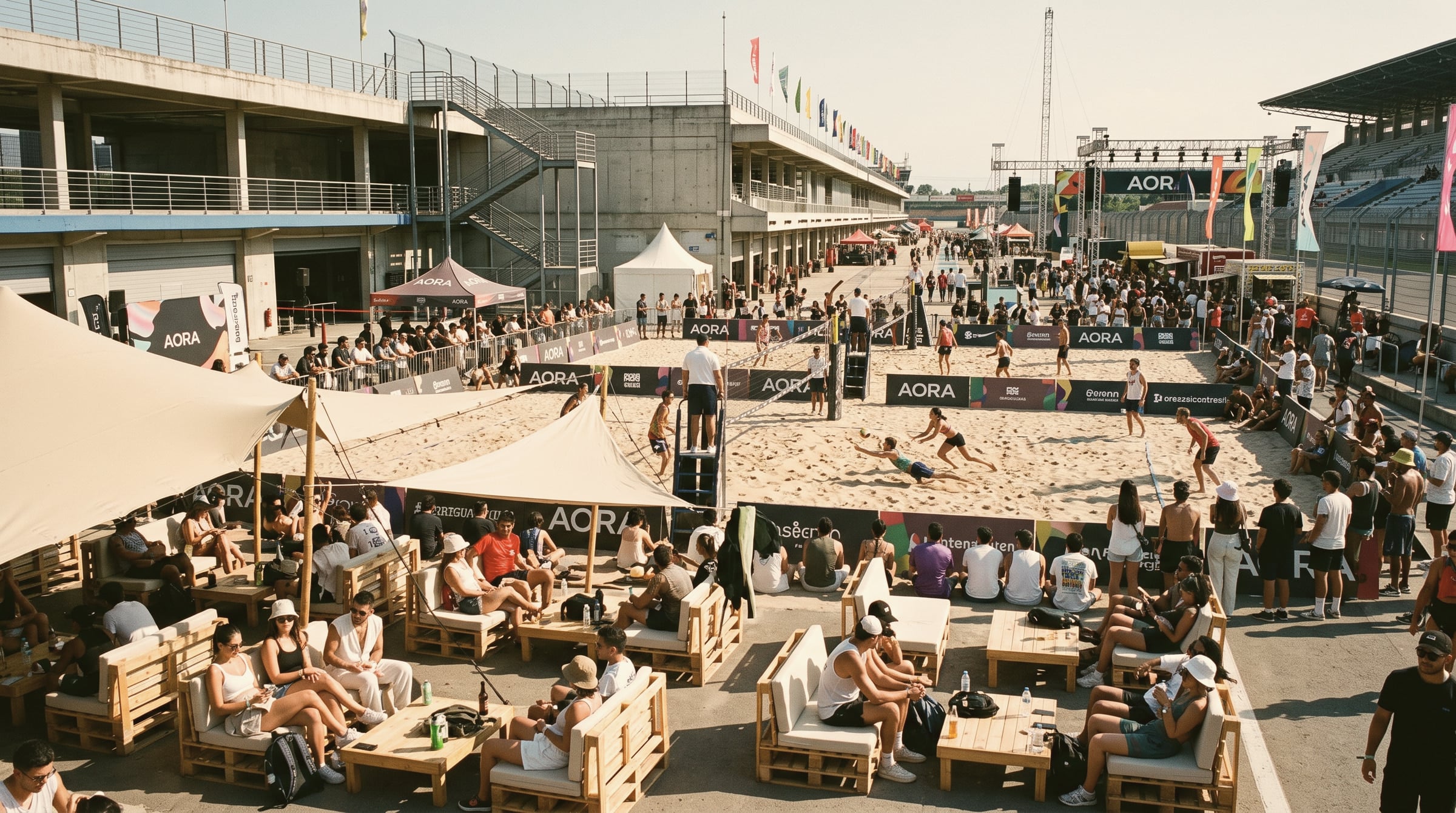 Cancha de vóley playa con zona lounge