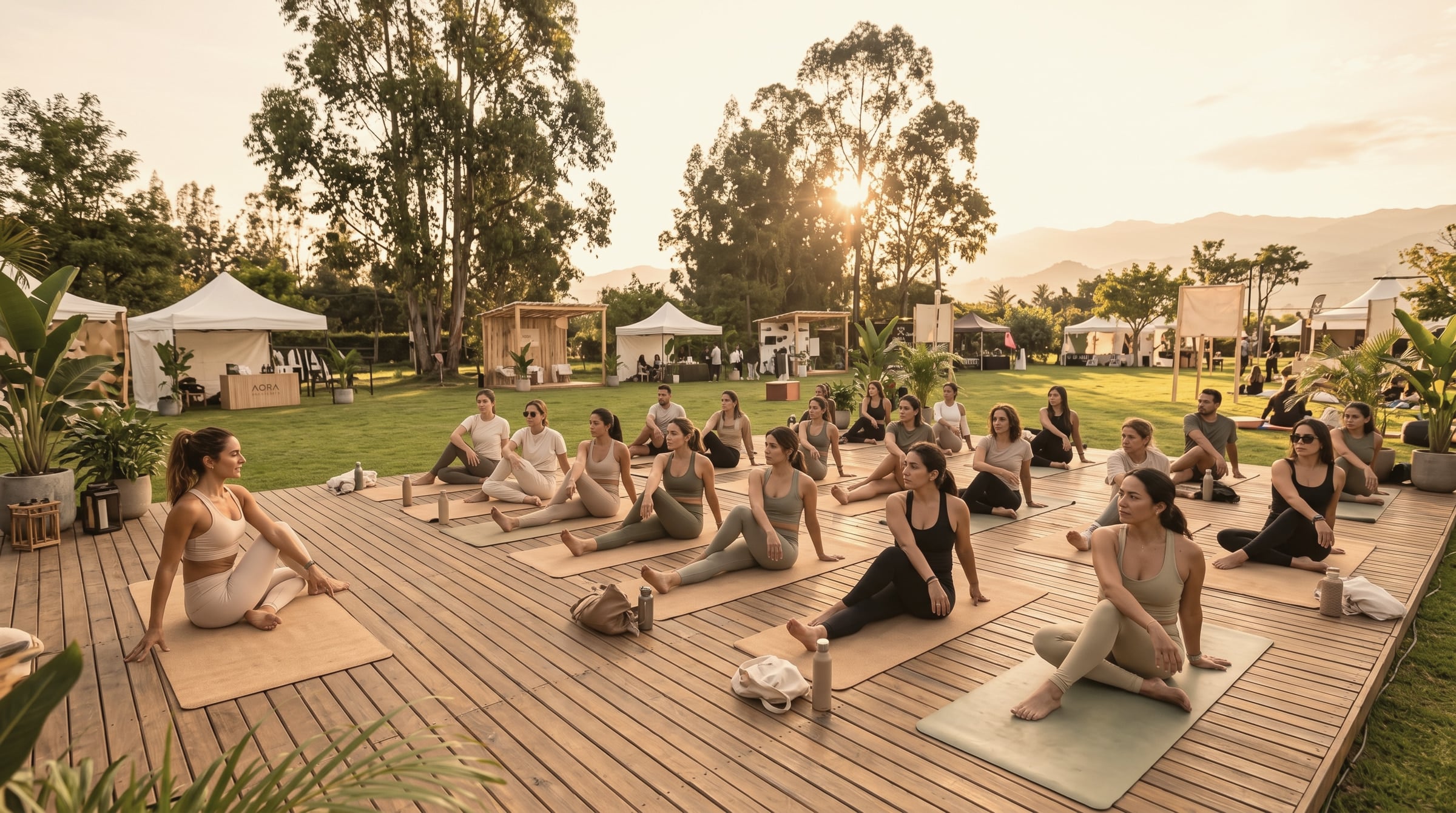 Grupo haciendo yoga sobre una tarima de madera al atardecer