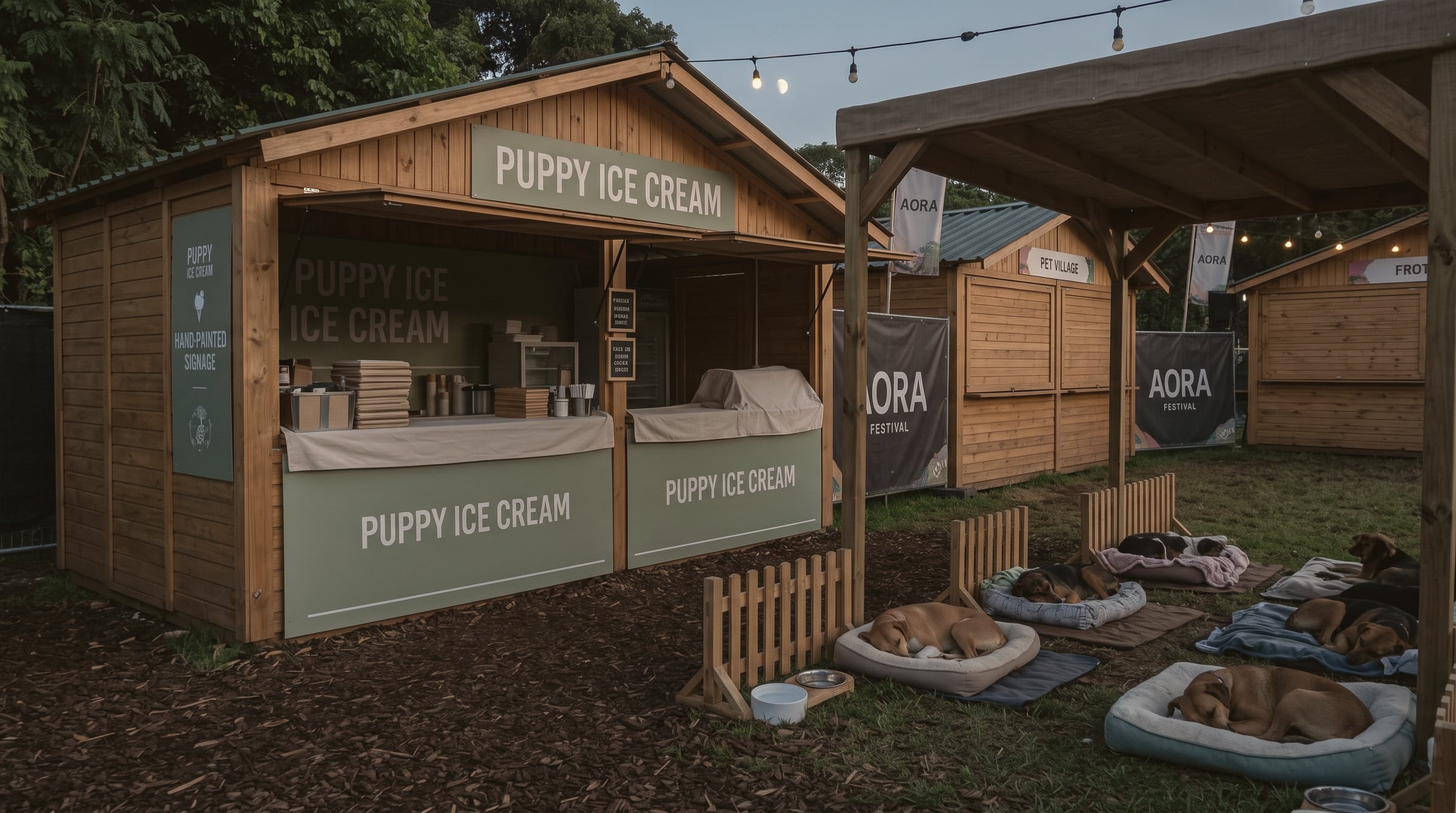 Perros descansando junto a un puesto de helado para mascotas