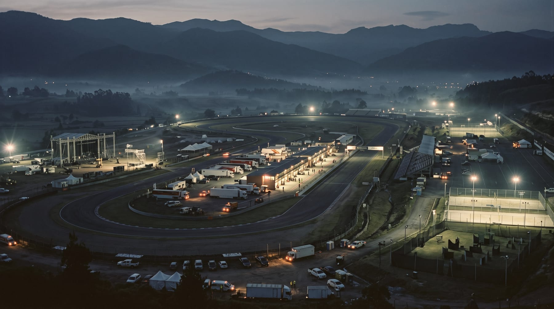 Autódromo de Tocancipá al amanecer, con la cordillera al fondo