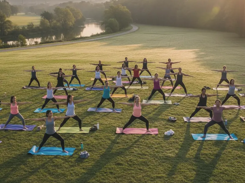 Clase de yoga en un parque al atardecer